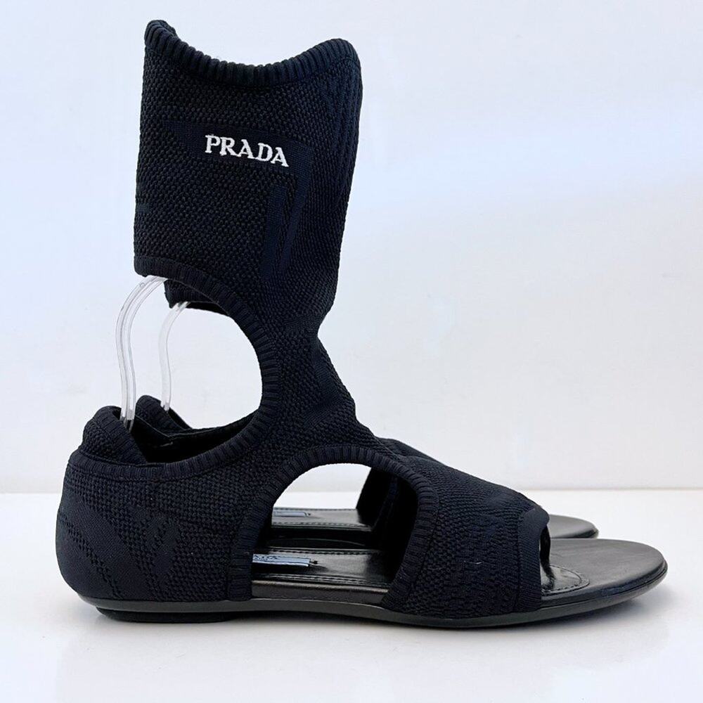 Prada Knitted Black Stretch Sock Flat Sandals Cutouts - Picture 3 of 13